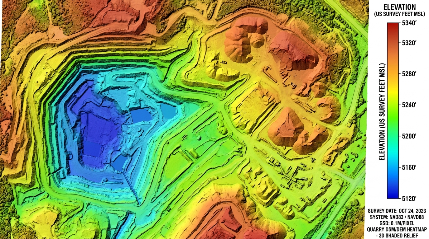 Digital surface model false-color elevation heatmap of quarry and excavation site