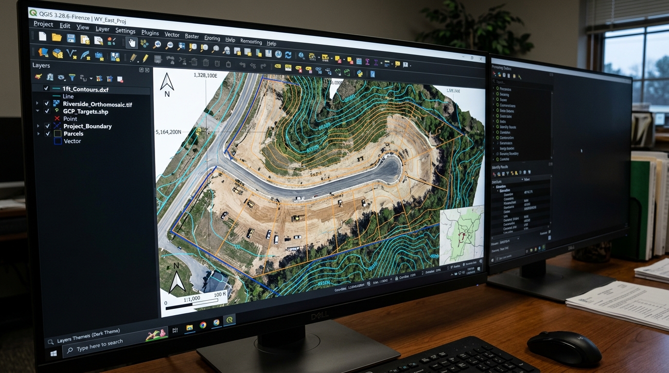 QGIS desktop screenshot showing drone orthomosaic and 1-foot contour lines in Wyoming